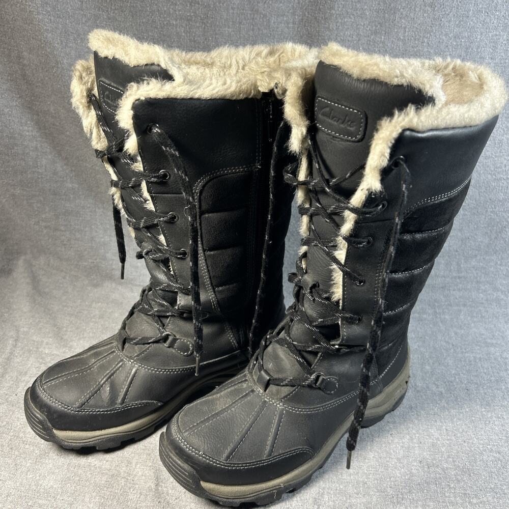 Clarks Carima Pluma Women’s 7.5 M Gray Black Water Resist Tall Snow Winter Boots